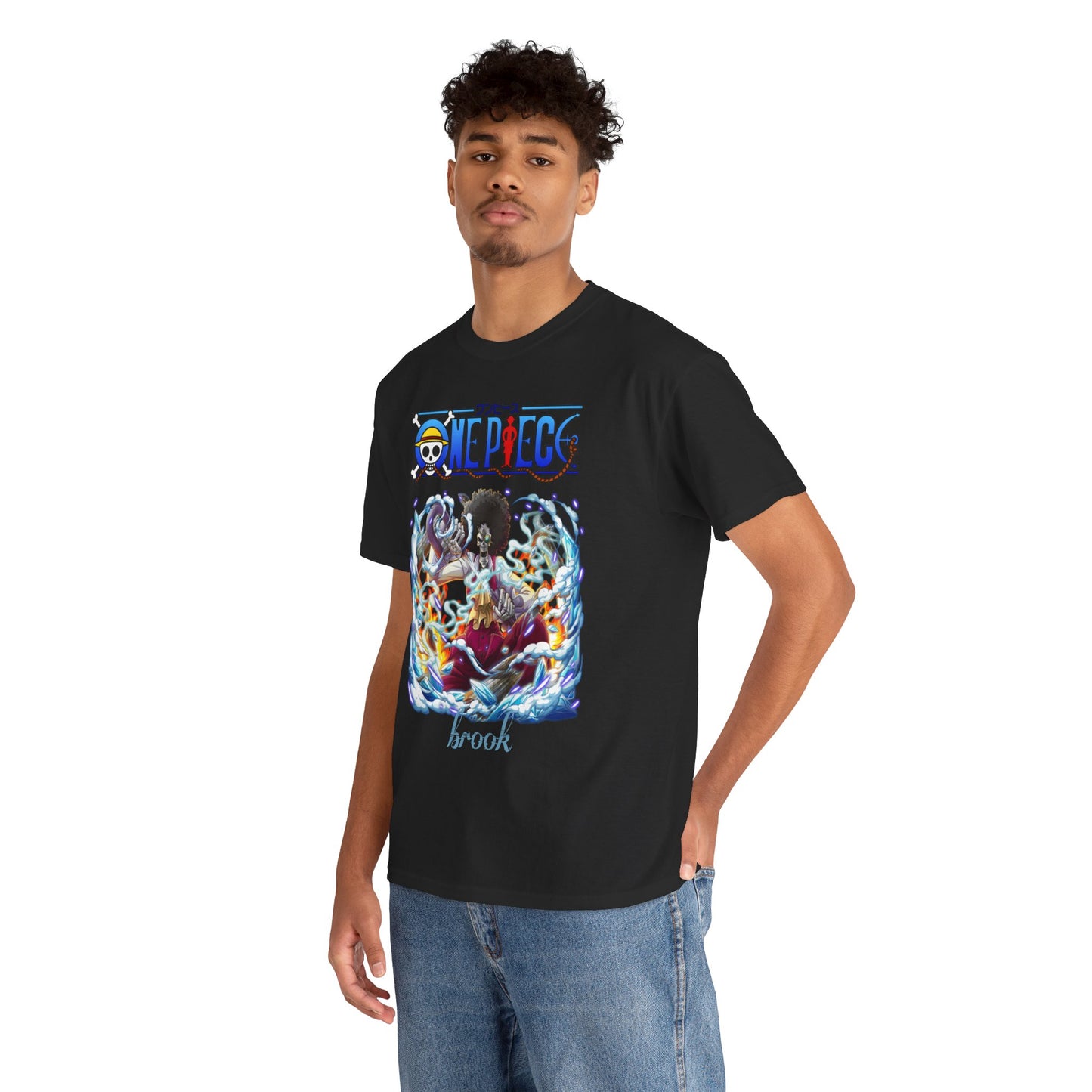 Fashion-forward model wearing a black t-shirt featuring Brook from One Piece, exuding charm and confidence, ideal for casual outings or anime conventions.