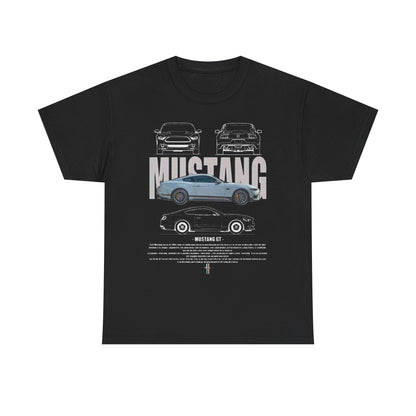 Luxury Ford Mustang GT T-Shirt showcasing detailed technical drawings with a stylish black background, presenting an iconic automotive design for men and women.