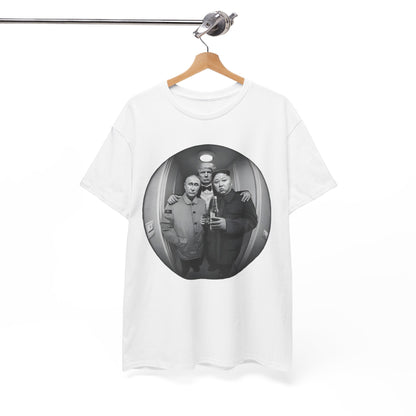 Elegant white graphic tee showcasing a playful depiction of global leaders in a unique fisheye perspective, thoughtfully hung on a minimalist display.