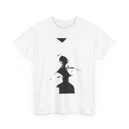 Elegant unisex graphic cotton t-shirt featuring a striking black and white abstract illustration, perfect for urban street style and playful self-expression.