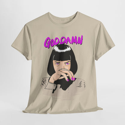 Luxurious unisex graphic T-shirt featuring a striking illustration of a woman with a bob haircut and vibrant magenta nails, adorned with the bold text 'GOOD DAMN', inspired by iconic pop culture and cinema.