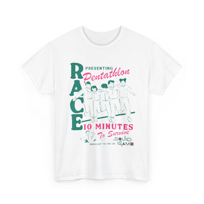 Elegant white Squid Game tee showcasing a playful pentathlon race graphic, ideal for both men and women who appreciate quirky fashion.
