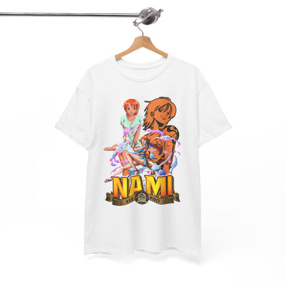 Luxury men's t-shirt showcasing vibrant Nami anime art from One Piece, featuring an enchanting design with playful floral elements and a striking golden font.