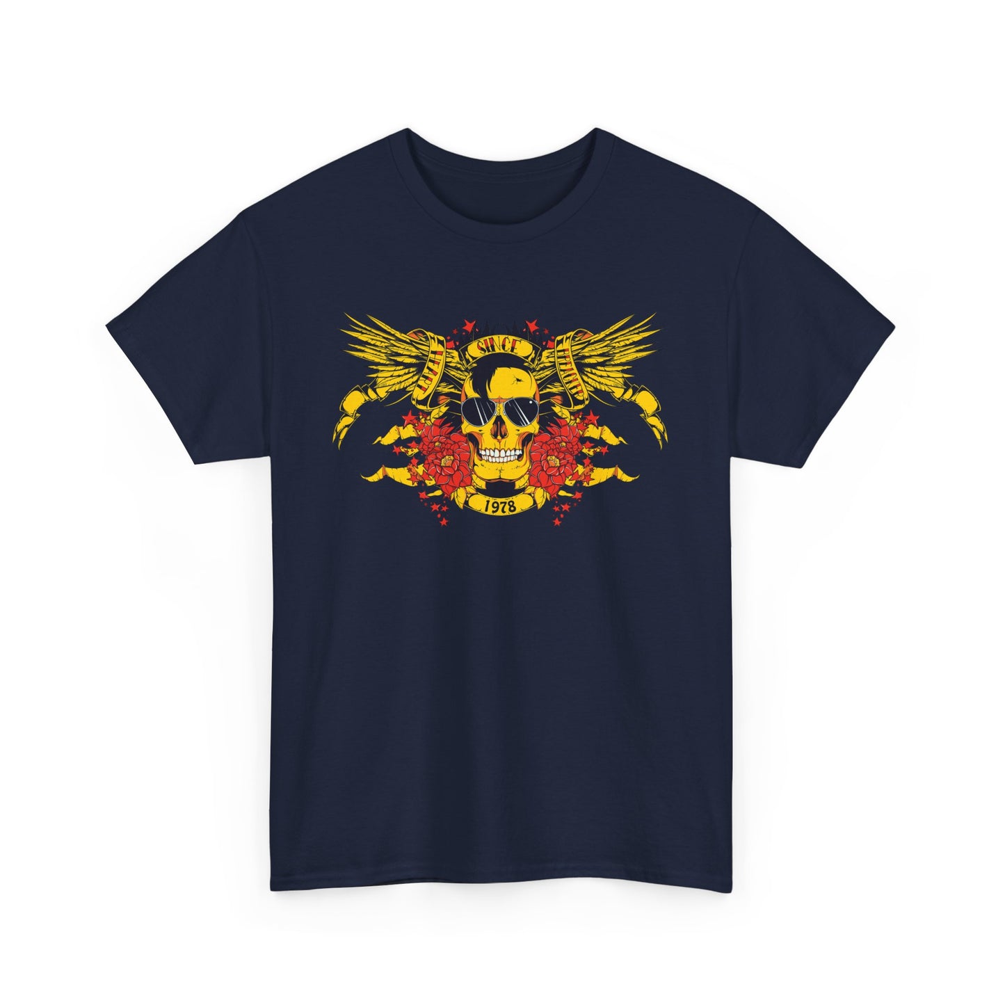 Luxurious navy blue t-shirt featuring a bold yellow skull graphic with intricate wings, vibrant red flowers, and stylised 'SINCE 1978' inscription, perfect for a statement look.