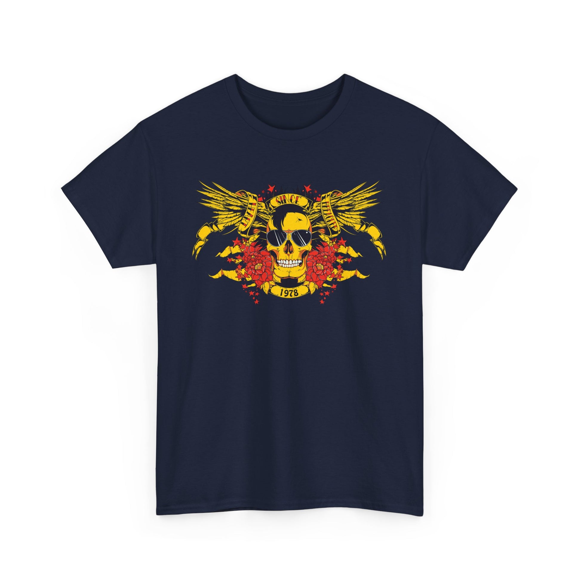 Luxurious navy blue t-shirt featuring a bold yellow skull graphic with intricate wings, vibrant red flowers, and stylised 'SINCE 1978' inscription, perfect for a statement look.