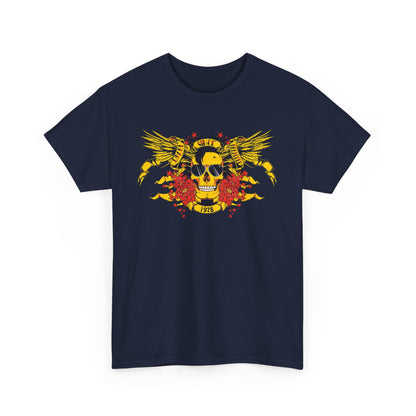 Luxurious graphic t-shirt showcasing a vibrant yellow skull with wings and floral accents, celebrating classic rock aesthetics since 1978.