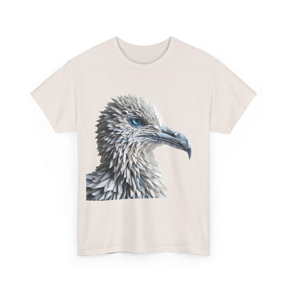 Front view of the Sculpted Elegance Unisex Cotton Tee, showcasing a detailed origami bird design with captivating blue eye on a soft off-white fabric.