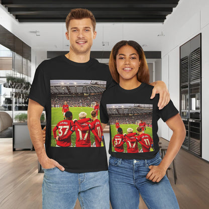 Stylish unisex Manchester United Mainoo Garnacho Hojlund T-Shirt showcased on models in a modern, elegant setting, perfect for true fans of the Red Devils.