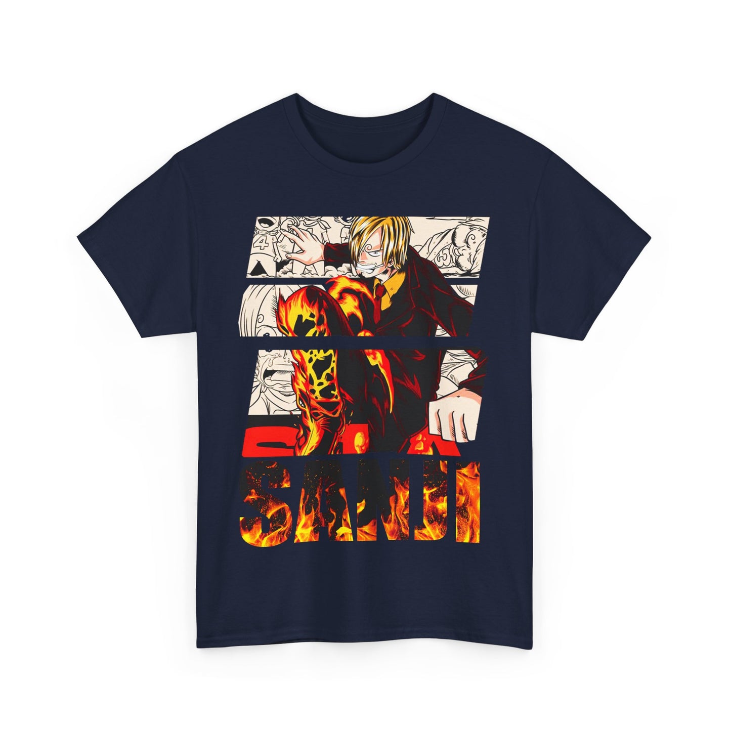 Stylish navy graphic tee featuring Sanji, the charismatic anime cook, with dynamic artwork showcasing vibrant colours and eye-catching flames.