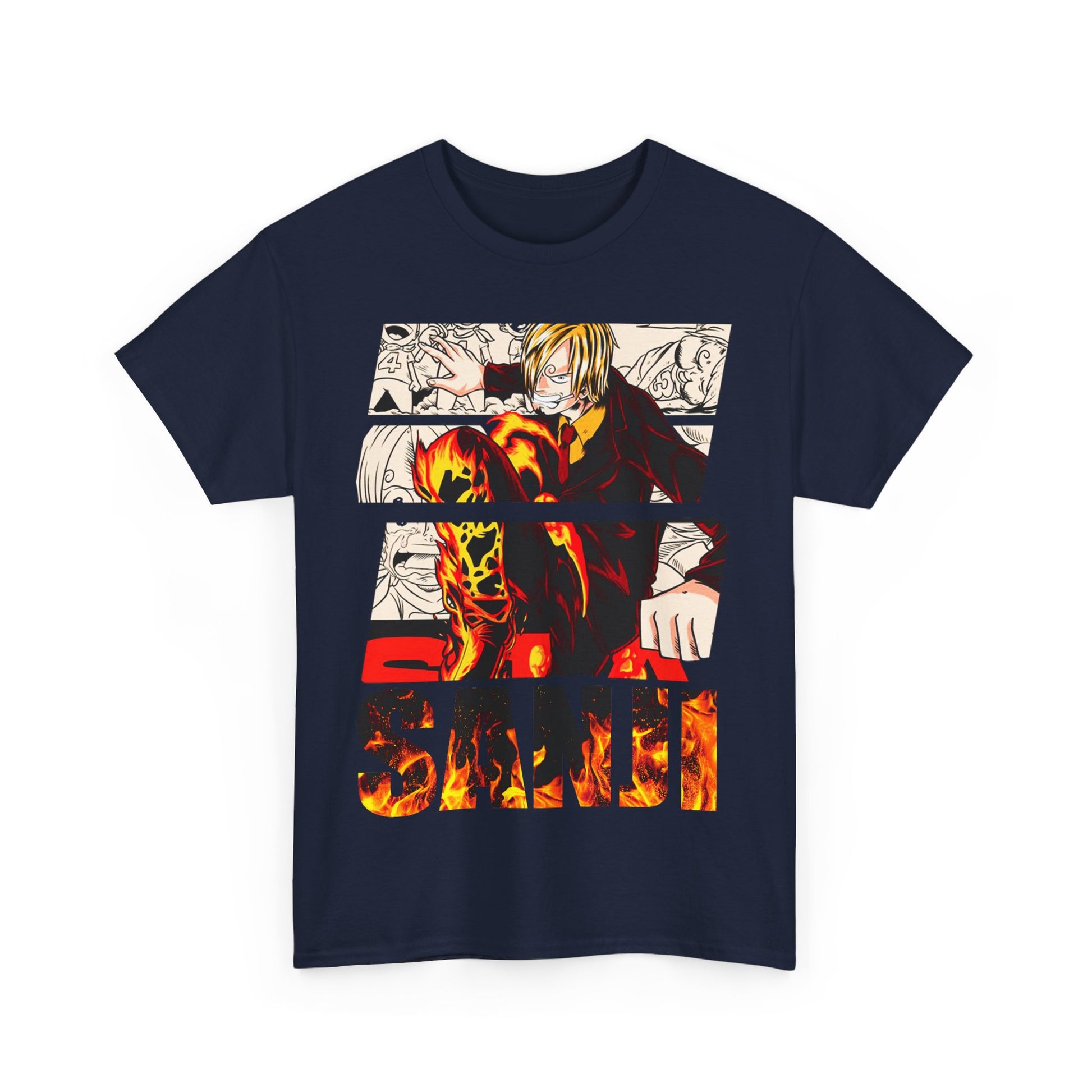 Stylish navy graphic tee featuring Sanji, the charismatic anime cook, with dynamic artwork showcasing vibrant colours and eye-catching flames.