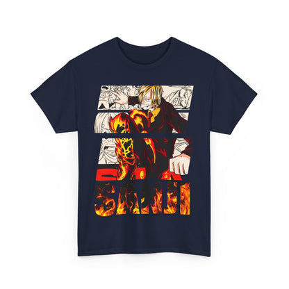 Stylish navy graphic tee featuring Sanji, the charismatic anime cook, with dynamic artwork showcasing vibrant colours and eye-catching flames.
