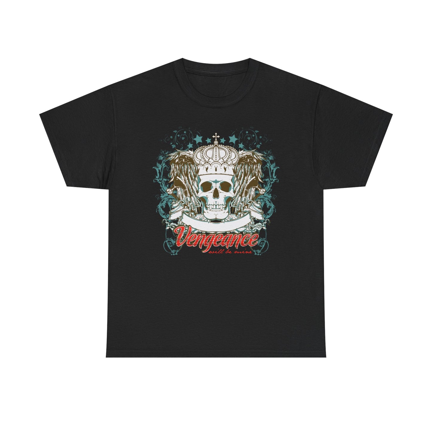 Elegant black men's graphic t-shirt showcasing a detailed skull adorned with a regal crown, complemented by the striking phrase 'Vengeance will be mine', perfect for sophisticated, edgy fashion.