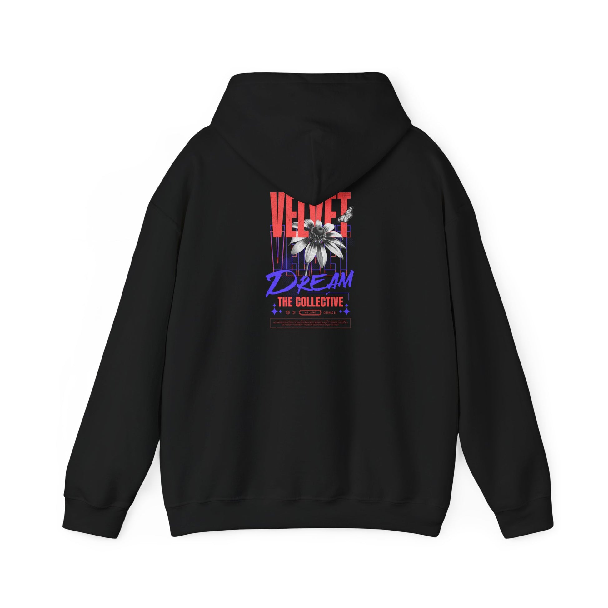 Sleek black hoodie featuring the eye-catching VELVET DREAM graphic on the back, combining artistic floral motifs with geometric patterns in a bold, fashionable look.