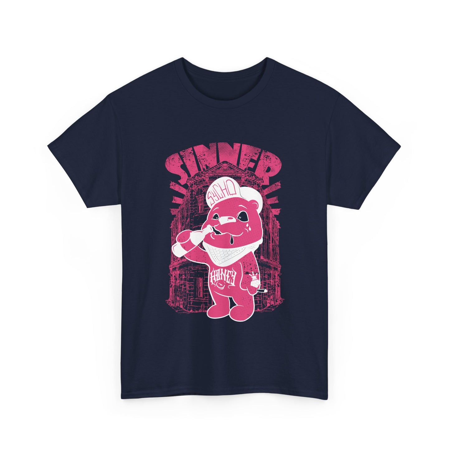 Men's Urban Vibe Bear T-Shirt in navy with bold graphic of a pink bear and 'SINNER' text, exuding a trendy urban flair ideal for modern fashion.