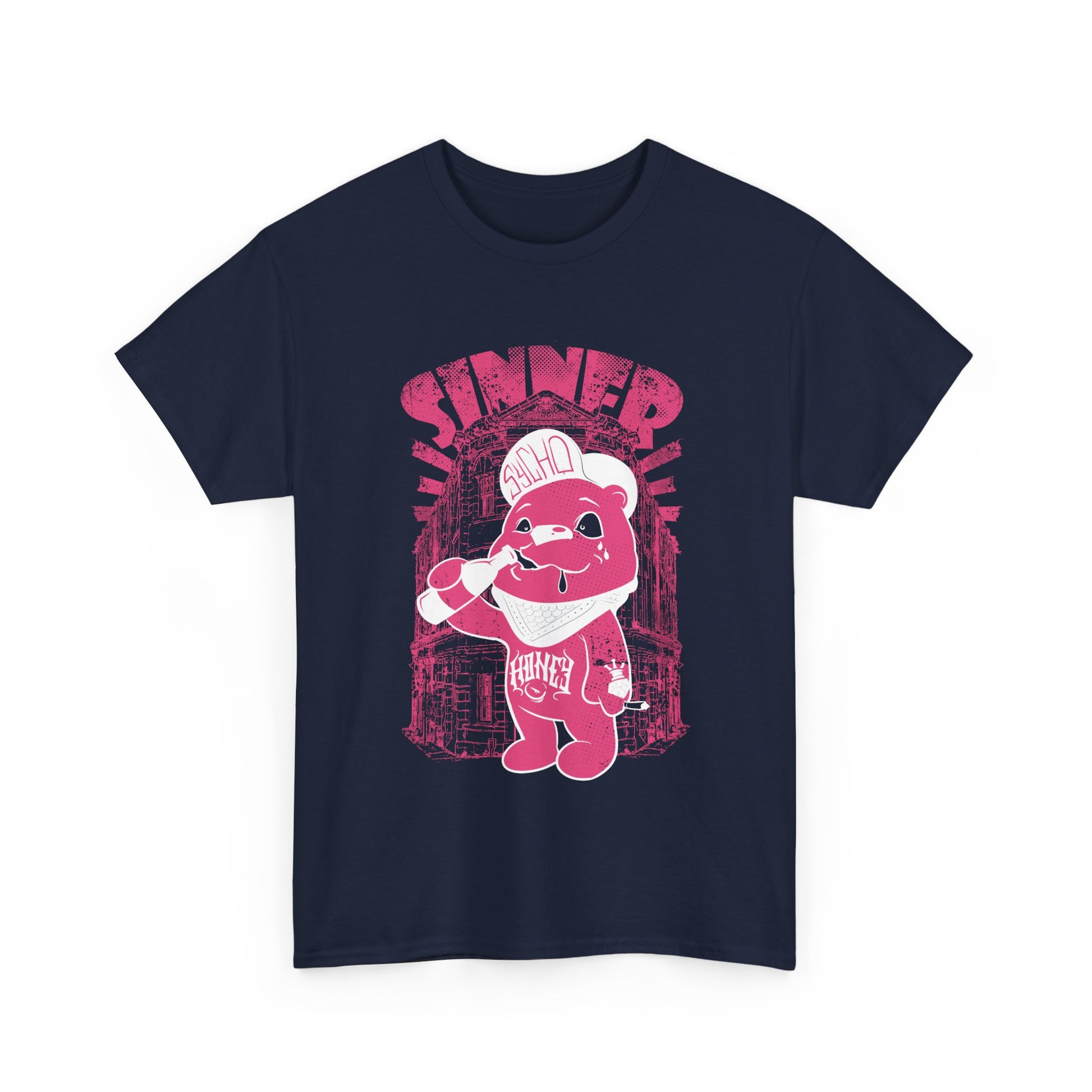 Men's Urban Vibe Bear T-Shirt in navy with bold graphic of a pink bear and 'SINNER' text, exuding a trendy urban flair ideal for modern fashion.