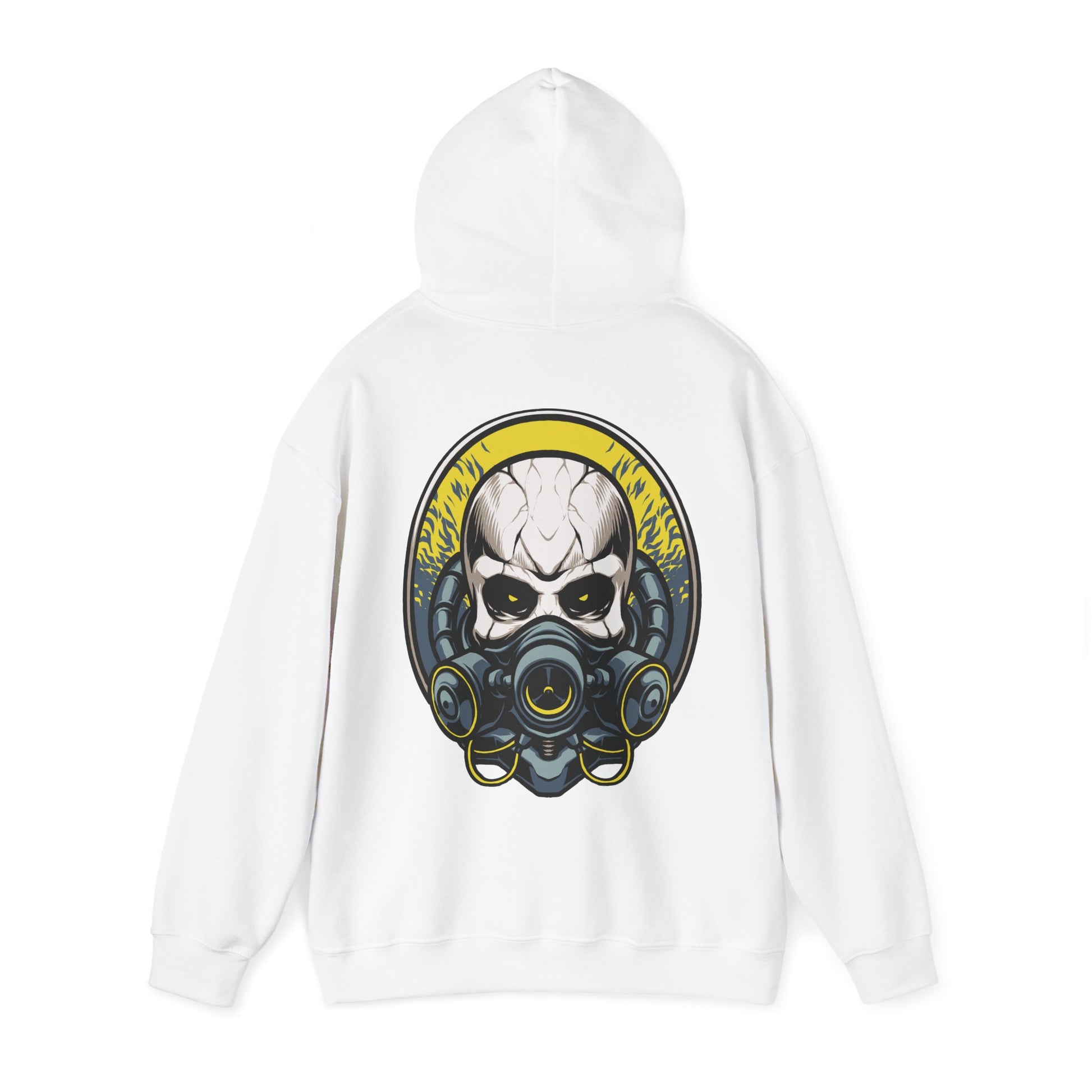 Artful depiction of a steampunk skull with a gas mask, adorning the back of a sophisticated white hoodie, perfect for statement fashion.
