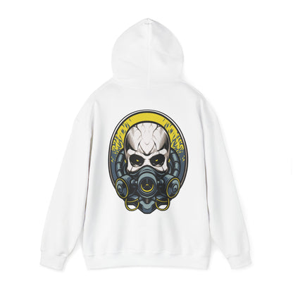 Artful depiction of a steampunk skull with a gas mask, adorning the back of a sophisticated white hoodie, perfect for statement fashion.