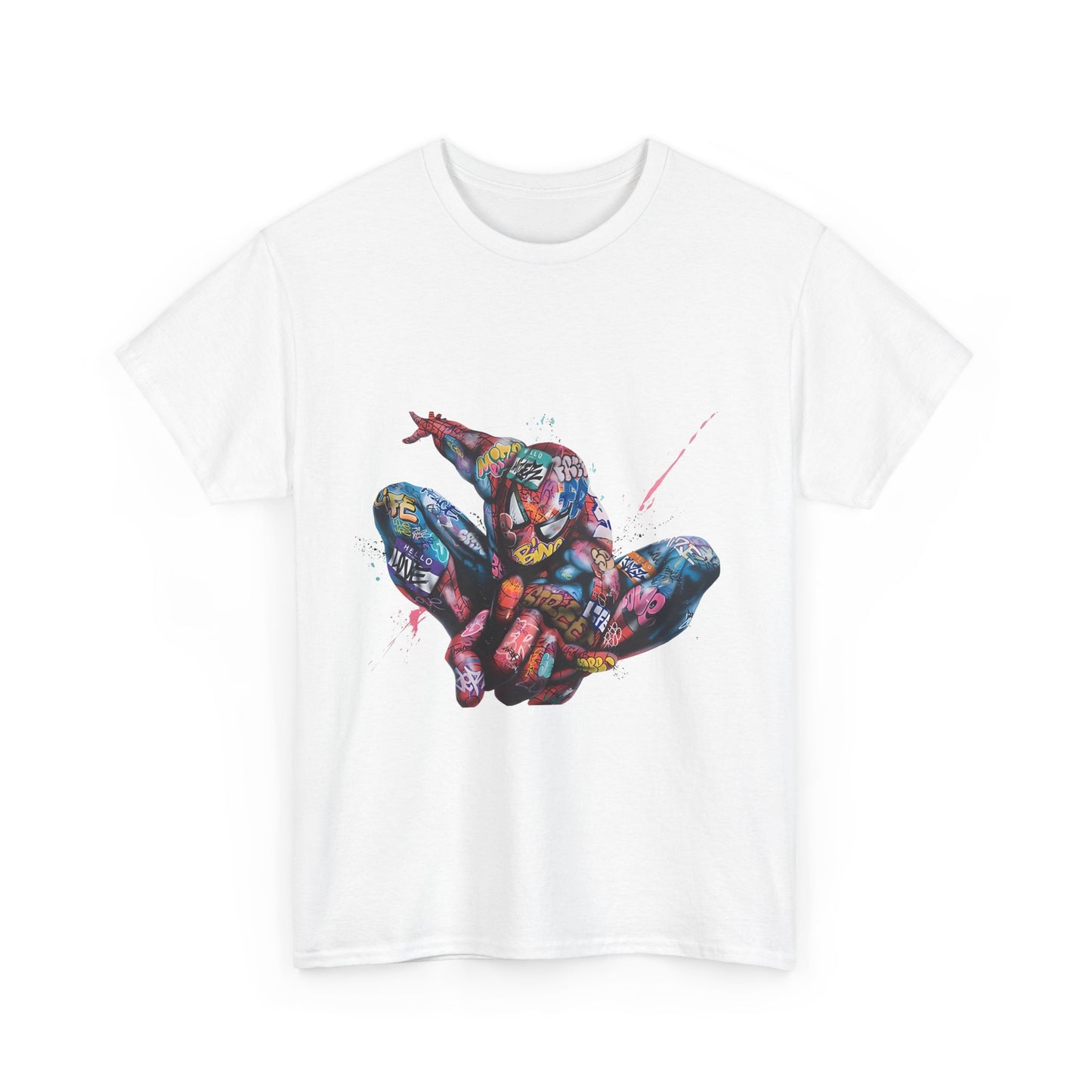 Refined white men's t-shirt highlighting a stunning Spider-Man graffiti illustration on the front, a perfect blend of comfort and trendy street art style.