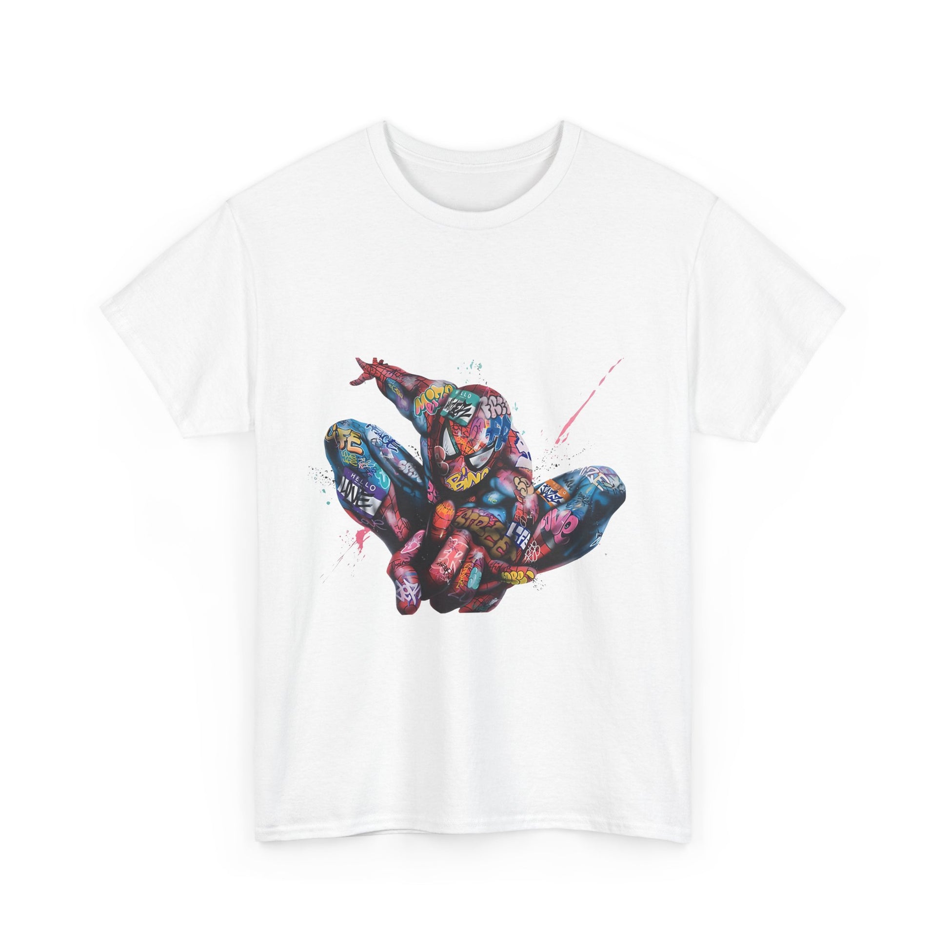 Refined white men's t-shirt highlighting a stunning Spider-Man graffiti illustration on the front, a perfect blend of comfort and trendy street art style.