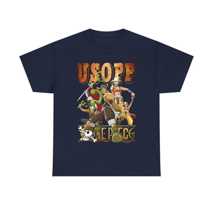 Elegant Usopp T-Shirt in deep navy, adorned with captivating anime illustrations, perfect for fans of One Piece seeking high-quality apparel in a luxe style.
