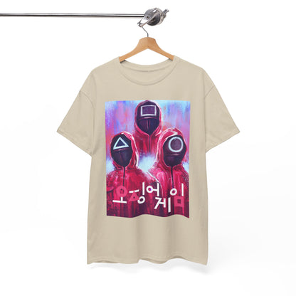 Sophisticated display of a Squid Game inspired graphic t-shirt elegantly hung on a wooden rack, highlighting the unique design elements and luxurious fabric.