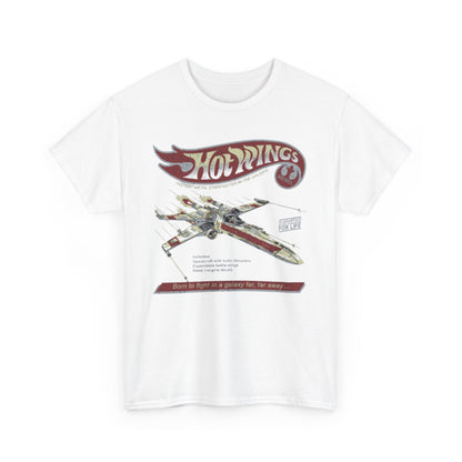 Hot Wings Starfighter T-Shirt: A luxurious white tee with a bold vintage design of the starfighter, ideal for those who appreciate exquisite galactic apparel.