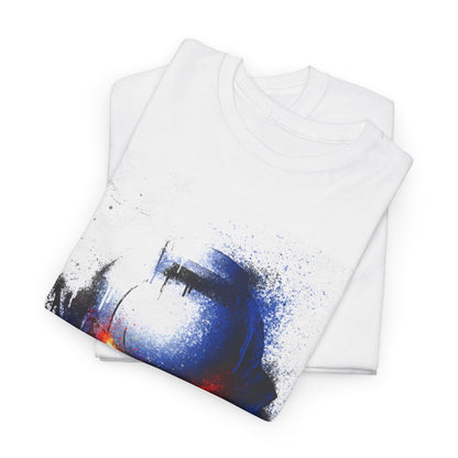 Elegant white t-shirt stacked, featuring an artistic blue and black helmet design with red accents, symbolising creativity and trendsetting in fashion.