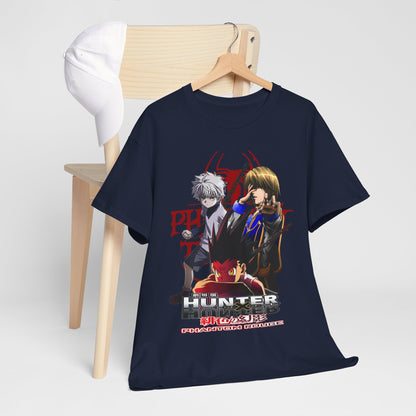 Stylish navy T-shirt elegantly displayed on a wooden chair alongside a cap, featuring vivid graphics of Hunter x Hunter characters, ideal for collectors and fashion-forward fans.