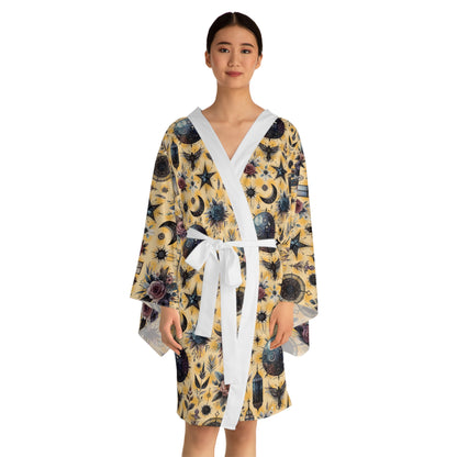 Floral Kimono Robe worn by a model, showcasing its luxurious design and comfort, ideal for chic home attire.
