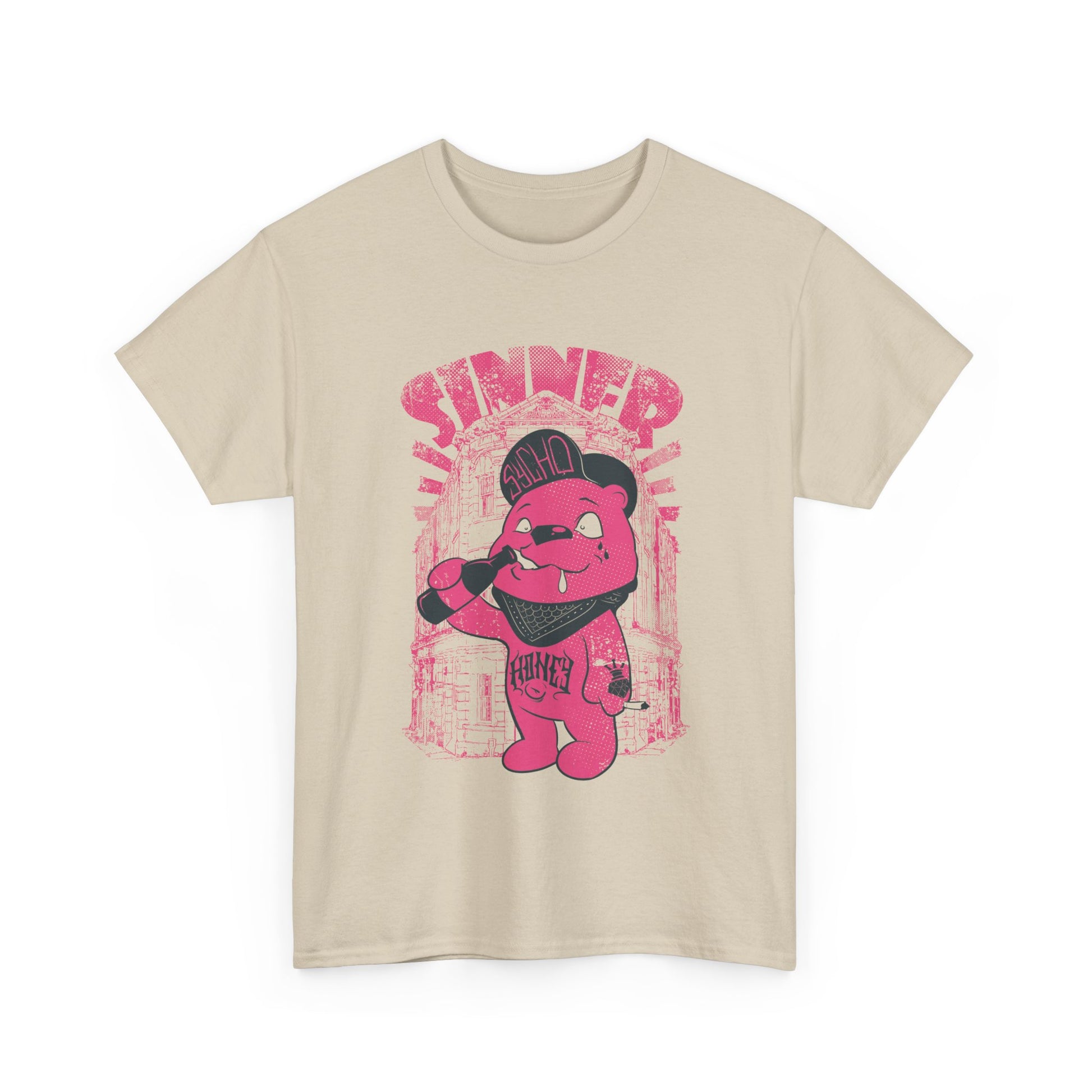 Men's Urban Vibe Bear T-Shirt featuring a pink cartoon bear with hip-hop style and graffiti, showcasing the word 'SINNER,' ideal for casual streetwear enthusiasts.