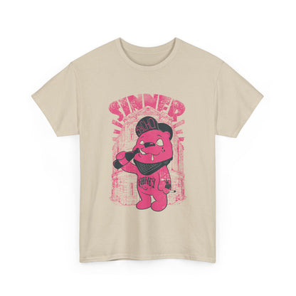 Men's Urban Vibe Bear T-Shirt featuring a pink cartoon bear with hip-hop style and graffiti, showcasing the word 'SINNER,' ideal for casual streetwear enthusiasts.