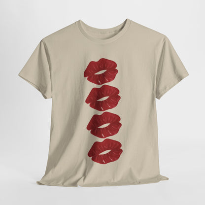 Luxurious unisex cotton t-shirt featuring a chic graphic of crimson lip prints, symbolising love and romance, perfect for Valentine's Day and casual outings.