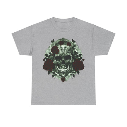 Close-up of the Skulls and Roses Cotton Tee, displaying the exquisite skull and rose illustration. A luxurious and edgy unisex shirt choice with 7 colour options.
