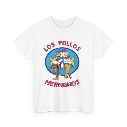 Front view of the pristine white Breaking Bad Los Pollos Logo Graphic T-Shirt, showcasing a unique and eye-catching design.
