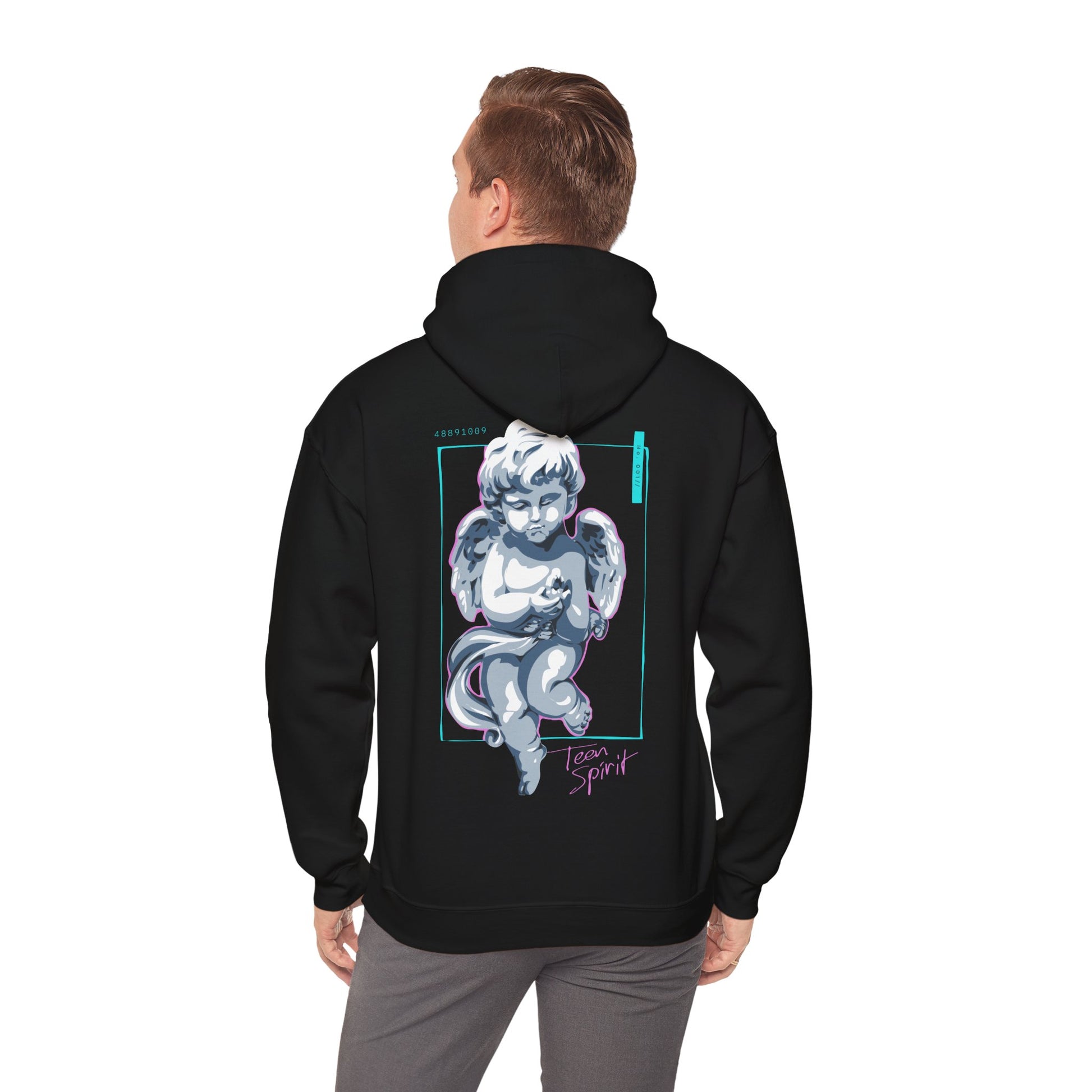 Man wearing a sophisticated black hoodie with a cherubic angel design on the back, embodying artistic flair and comfort.