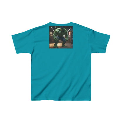Kids Incredible Hulk Heavy Duty T-Shirt in Bright Teal - Displaying a captivating Hulk graphic on the back, made for little champions.