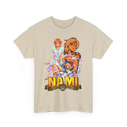 Front view of a premium beige men's t-shirt adorned with vibrant anime art featuring Nami from One Piece, highlighting a bold and colourful design.