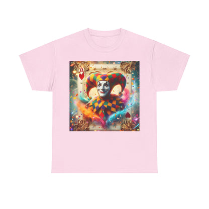 Harlequin Playing Card Graphic Tee in pastel pink featuring a vibrant harlequin design and a playful jester figure, perfect for style enthusiasts seeking a luxurious touch.
