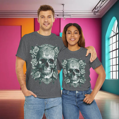 A couple wearing the Skulls and Roses Cotton Tee, Unisex Graphic Shirt, both displaying a captivating skull and rose graphic in a vibrant indoor environment.