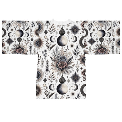 Back view of the Floral Kimono Robe showing an elegant floral design combined with luxurious fabric, perfect for relaxed yet stylish home wear.