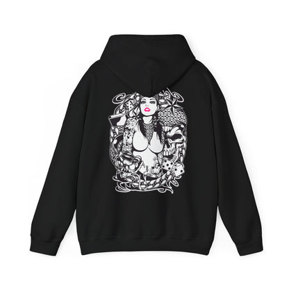 Elegant black hoodie featuring a stunning tattoo design of a bold woman, embellished with intricate floral and skull motifs, an ideal blend of comfort and high-fashion aesthetic.