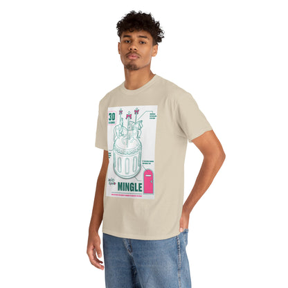 Contemporary male model showcasing a beige Squid Game graphic t-shirt, featuring a carousel theme, suitable for fashionable casual wear.