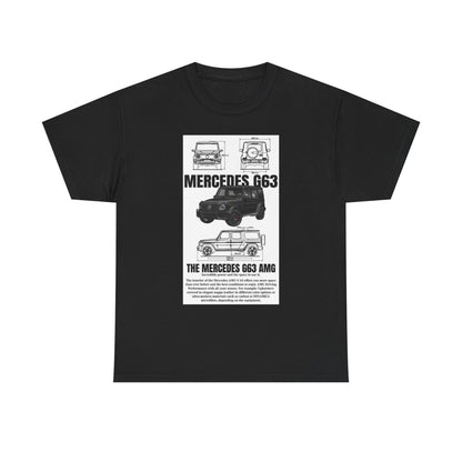 Unisex Men's T-Shirt in black showcasing the iconic technical drawing of the Mercedes-AMG G63, reflecting its powerful and sophisticated design.