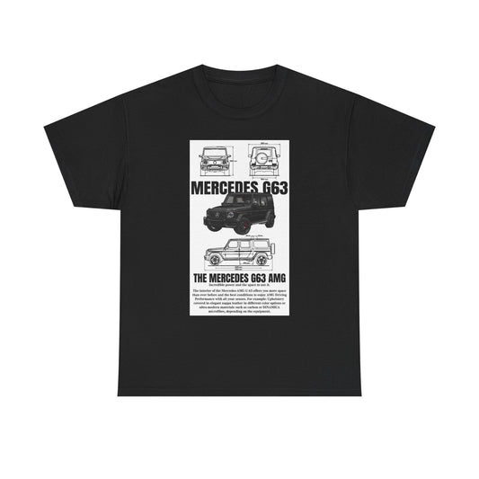 Unisex Men's T-Shirt in black showcasing the iconic technical drawing of the Mercedes-AMG G63, reflecting its powerful and sophisticated design.