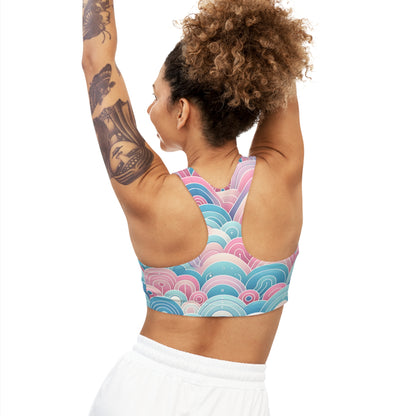 Back view of the Marcella Kensington Pastel Gradient Sports Bra emphasising its stylish design and eco-friendly material, perfect for the modern fitness enthusiast.