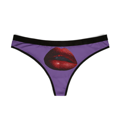 Elegant women's thong showcasing a striking illustration of sparkling red lips on a rich purple fabric, perfect for adding a cheeky touch to intimate moments.