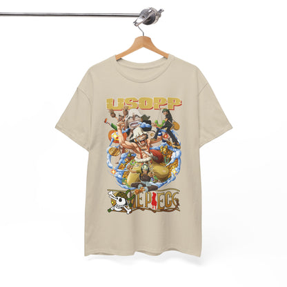 Stylishly hung One Piece Usopp graphic tee, displaying intricate character art, suitable for elevating any casual wardrobe.