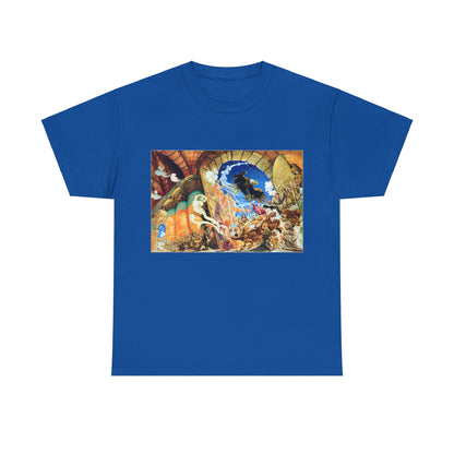 Discworld Small Gods Graphic Unisex T-Shirt in royal blue adorned with vibrant literary art capturing the essence of Terry Pratchett’s Discworld, available in sizes S-XL.