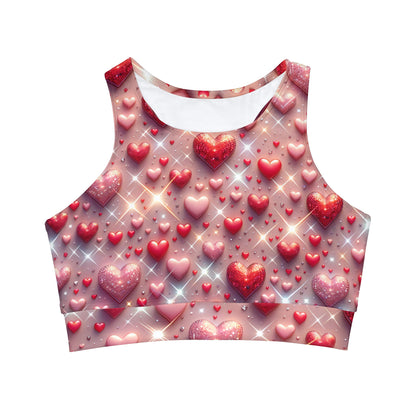 Glittering Hearts High Neck Crop Bikini Top by Dazzling Dreams Studio featuring a luxurious pastel pink abstract design, perfect for stylish summer beach outings.
