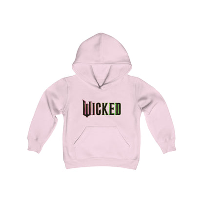 Chic Child's Wicked Movie Graphic Pullover Hoodie in pink, perfect for unisex youth, displaying the captivating Wicked logo.